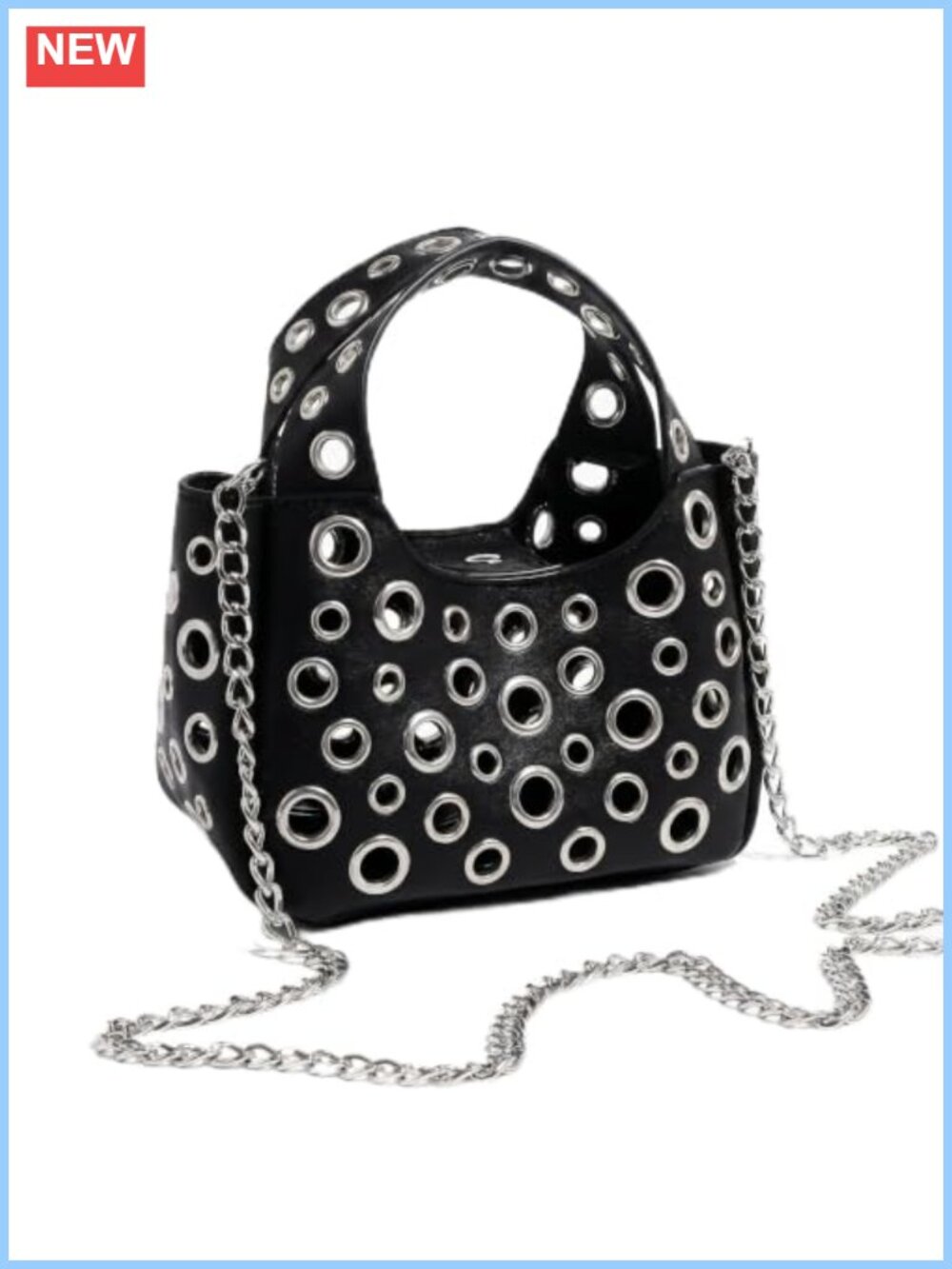 Y2K Punk Cutout Crossbody Bag PU Leather Hollow Metal Ring Detachable Chain